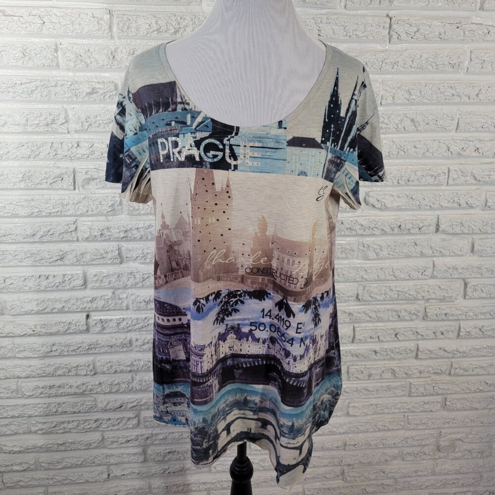 Style Co Women's‎ XL T-Shirt Tee Prague Cityscape Blue Brown Rhinestone D7E